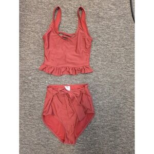 Janela Bay Women's XS Rust Red Ruffle Peplum High Waist Tie Front Bikini Set